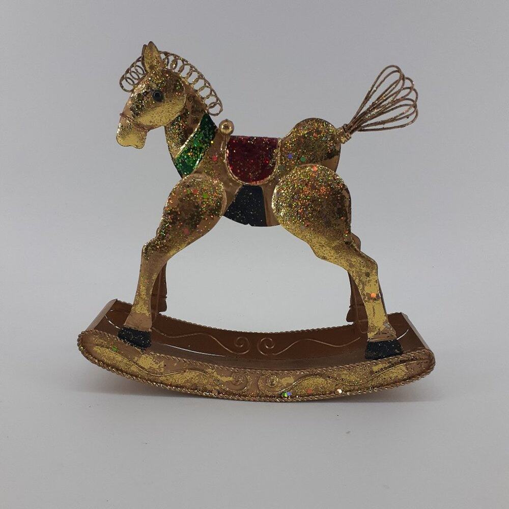 Rocking Horse Gold Glitter Tone 3D Tin Metal